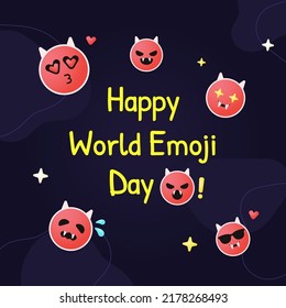 Fun World Emoji Day with character face with horn show different emoji can use on social post banner. Vector illustration.