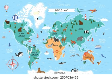 Fun world map with continents, animals, ships, hot air balloons and airplane.