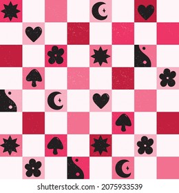 Fun Y2K 90s Checkerboard Mushroom Yin Yang Heart Flower Pink Phone Case Background Stationary Fashion Textile Repeat Seamless Pattern