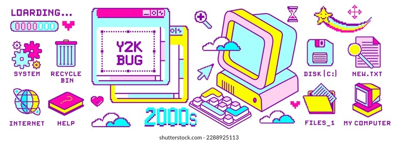 Fun y2k bug aesthetic. Playful kawaii desktop screen. Vibrant 00s cute pixel icons. Retrowave 8-bit pc. Screen with icons: my computer, internet, files. Baby pink and bright blue theme