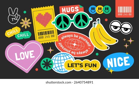 Fun Y2K Graphic Stickers and Tags in Groovy Style. Colorful Vector Collection of Cool Cute Patches with Smile Faces, Peace Symbols, Love Signs, and Retro Elements on Dark Background