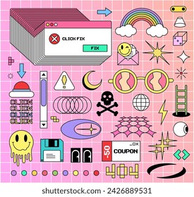 Fun y2k style graphic elements bundle in trendy retro 90s cartoon style. Flat abstract retro shapes pack for poster design. Trendy retro elements set. Vector illustration 
