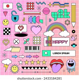 Fun y2k style graphic elements bundle in trendy retro 90s cartoon style. Flat abstract retro shapes pack for poster design. Trendy retro elements set. Vector illustration 