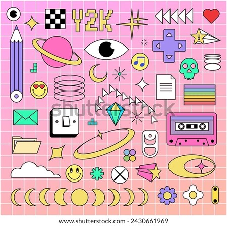 Fun y2k style graphic elements bundle in trendy retro 90s cartoon style. Flat abstract retro shapes pack for poster design. Trendy retro elements set. Vector illustration 