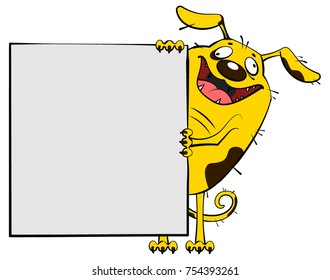 Fun yellow dog show blank white sheet of paper banner. Isolated on white vector cartoon illustration