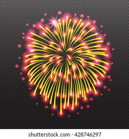 fun yellow explode illuminated fireworks isolated set on black transparent background. celebration colorful explosion rays and flame, night firecracker sky party banger vector illustration