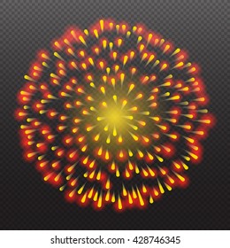 fun yellow explode illuminated fireworks isolated set on black transparent background. celebration colorful explosion rays and flame, night firecracker sky party banger vector illustration
