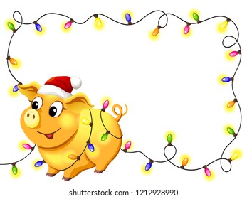 Fun yellow piggy with chistmas lights. Vector illustration.