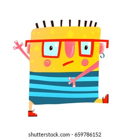 Fun yellow serious monster childish cute creature walking. Whimsical imaginary cartoon character in glasses go to study. Vector illustration.
