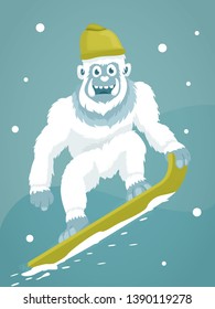 Fun yeti snowboarding. Cute cartoon character monster.