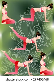 Fun Yoga Collection and Position - young pretty female sit and stretch leg for beautiful hip line isolated on bright green background with white natural floral and swirl pattern : vector illustration