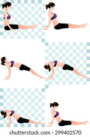 Fun Yoga Collection and Position - young pretty girl sit and stretch leg and arm for beautiful hip and waist line isolated on bright blue and white background with chess pattern : vector illustration