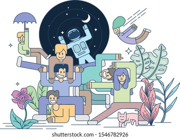 Fun young people doing various hype activities background illustration