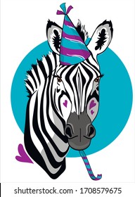 Fun zebra in festive cap isolate on white background. 
Happy Birthday  Humor card, t-shirt design composition, hand drawn style print. Vector illustration.