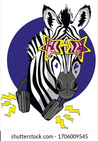Fun zebra rock star with glasses and 
headphones isolate on white background. 
Humor card, t-shirt design composition, hand drawn style print. Vector stock illustration.