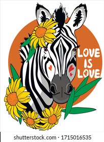 Fun zebra stands in flowers isolate on white background. 
Love is love- 
lettering.  Humor card, t-shirt design composition, hand drawn style print. Vector illustration.