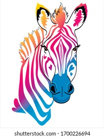 
Fun zebra with stripes of rainbow colors. Humor Postcard, poster, composition for t-shirts design, print in the style of hand-drawn