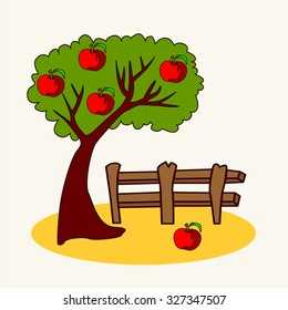 Fun zoo. Cartoon vector Illustration of cute tree with apple
