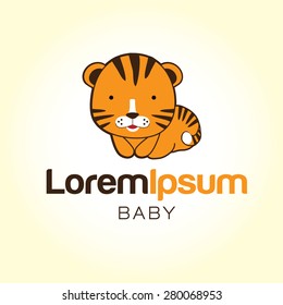 Fun zoo. Illustration of cute Tiger. Logotype or mascot emblem symbol. Can be used for T-shirts print, labels, badges, stickers, vector illustration.