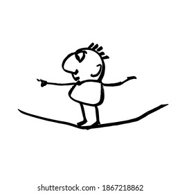 Funambulista. Un hombre se balancea en una cuerda. Caricatura divertida. Caricatura dibujada a mano, Doodle. Ilustración vectorial en blanco y negro.