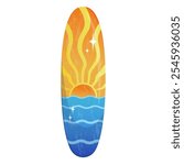  Funboard surfboard with retro sunset or sunrise patterns on the sea. summer vibes and water sports enthusiasts. Gradient summer surfboard with a colorful pattern