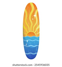  Funboard surfboard with retro sunset or sunrise patterns on the sea. summer vibes and water sports enthusiasts. Gradient summer surfboard with a colorful pattern