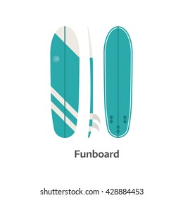 Funboard vector icon isolated on white background. Surfer fun board illustration. Long surfboard. Surfing desk image in flat design.