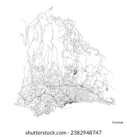 Funchal city map with roads and streets, Portugal. Vector outline illustration.