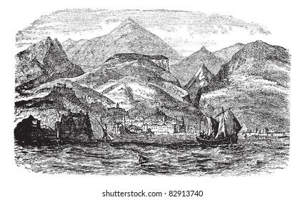 Funchal in Madeira, Portugal , during the 1890s, vintage engraving. Old engraved illustration of Funchal with moving boats in front and city in back. Trousset encyclopedia (1886 - 1891).