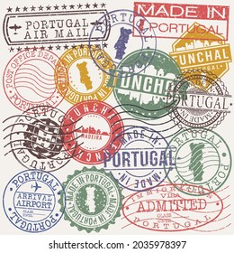 Funchal, Portugal Set of Stamps. Travel Stamp. Made In Product. Design Seals Old Style Insignia.