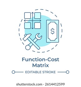 Function cost matrix soft blue concept icon. Product usability, service development. Round shape line illustration. Abstract idea. Graphic design. Easy to use in infographic, presentation