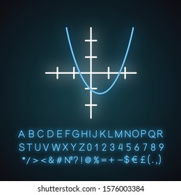 Function graph neon light icon. Curve chart with increasing section and segmented bar. Trigonometry, geometry. Glowing sign with alphabet, numbers and symbols. Vector isolated illustration