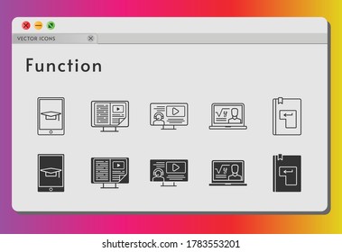 function icon set. included professor, e-book, instructor, student, tablet, enter icons on white background. linear, filled styles.