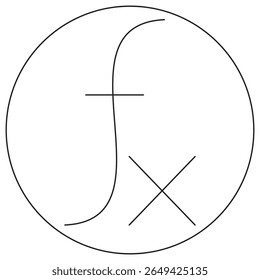 Ícone de Função. Pictograma vetorial com linhas pretas finas no transparente. A espessura da linha é editável. Símbolo de função matemática fx dentro de um círculo, representando uma função matemática ou de programação