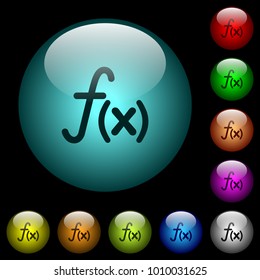 Function icons in color illuminated spherical glass buttons on black background. Can be used to black or dark templates