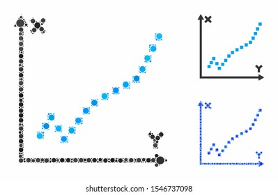 Function plot mosaic of round dots in variable sizes and color hues, based on function plot icon. Vector round dots are combined into blue mosaic. Dotted function plot icon in usual and blue versions.