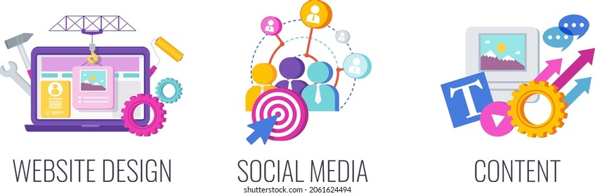 Function of Social Media. Infographics banner with icon. Global association of people of interest. Digital marketing Strategy. Successful business. Flat vector illustration.