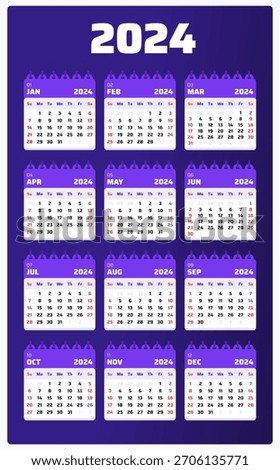 Functional 2024 calendar with a clear purple layout for planning schedules, tracking deadlines, and organizing yearly goals. Easy to print and fully editable in vector format