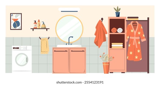 Functional bathroom interior with sink, round mirror, towels and bathrobe, washing machine and storage shelves. Design for home decor, lifestyle blogging or cleaning services. Vector illustration