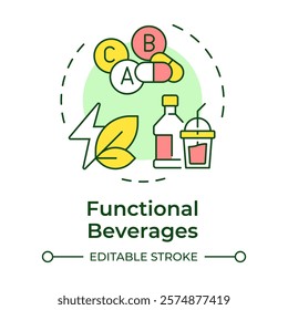 Functional beverages multi color concept icon. Healthcare vitamins, probiotics. Healthy diet. Round shape line illustration. Abstract idea. Graphic design. Easy to use in infographic, presentation