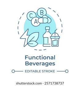 Functional beverages soft blue concept icon. Healthcare vitamins, probiotics. Healthy diet. Round shape line illustration. Abstract idea. Graphic design. Easy to use in infographic, presentation