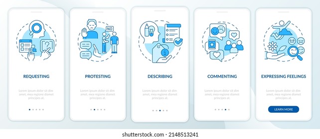 Pantalla funcional de comunicación azul de aplicación móvil incorporada. Recorrido 5 pasos de páginas de instrucciones gráficas con conceptos lineales. UI, UX, plantilla GUI. Multitud de tipos de letra Pro-Bold, con uso regular
