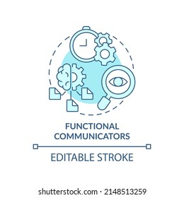 Funktionale Kommunikatoren türkisfarbenes Konzeptsymbol. Kommunikation Stil abstrakte Idee dünne Linie Illustration. Strategien. Einzeln Umrisszeichnung. Bearbeitbarer Strich. Arial, Myriad Pro Fett Schriftarten verwendet