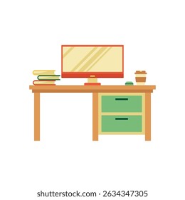 A Functional Computer Desk with Monitor, Books, and Coffee Cup