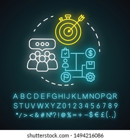 Functional corporate structure neon light concept icon. Business strategy idea. Glowing alphabet, numbers. Management and workflow organization. Marketing campaign. Vector isolated illustration