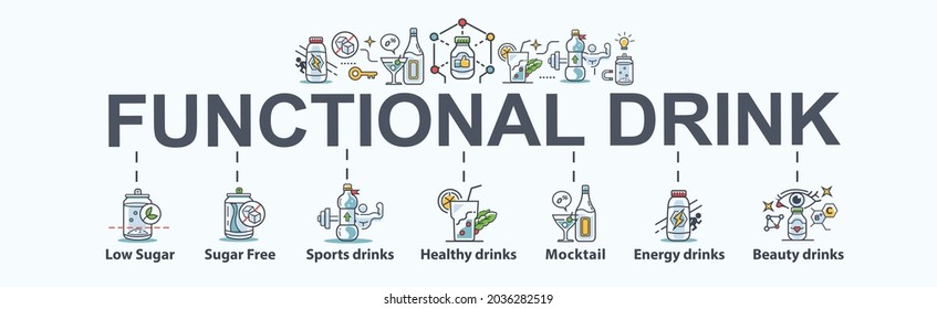 Functional drink banner web icon for business and marketing, sugar free, mocktail, energy beverage, sports drinks and healthy and wellness drinks. Flat cartoon vector infographic.