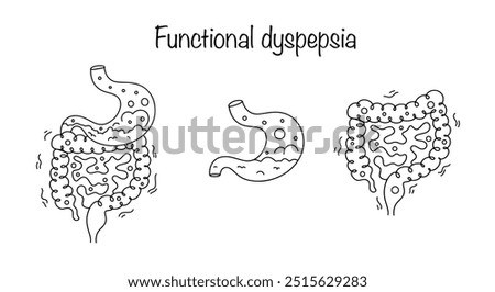 Functional dyspepsia. Digestive disorders in which fermentation and putrefaction processes predominate in the intestines. Fermentation can also occur in the stomach. Vector illustration.