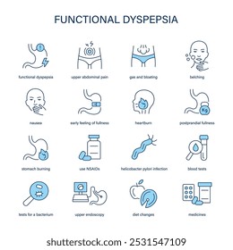 Functional Dyspepsia symptoms, diagnostic and treatment vector icon set. Medical icons.