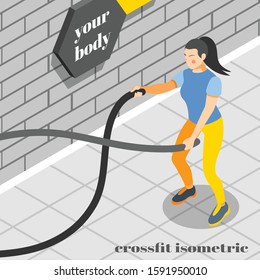 Functional fitness body shaping training isometric composition with firefighter fire hose fit workout woman exercises  vector illustration  