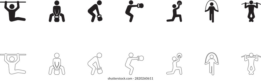 Functional fitness and workout set vector icon filled and outline, kettlebell training and bodyweight exercises symbol.	
